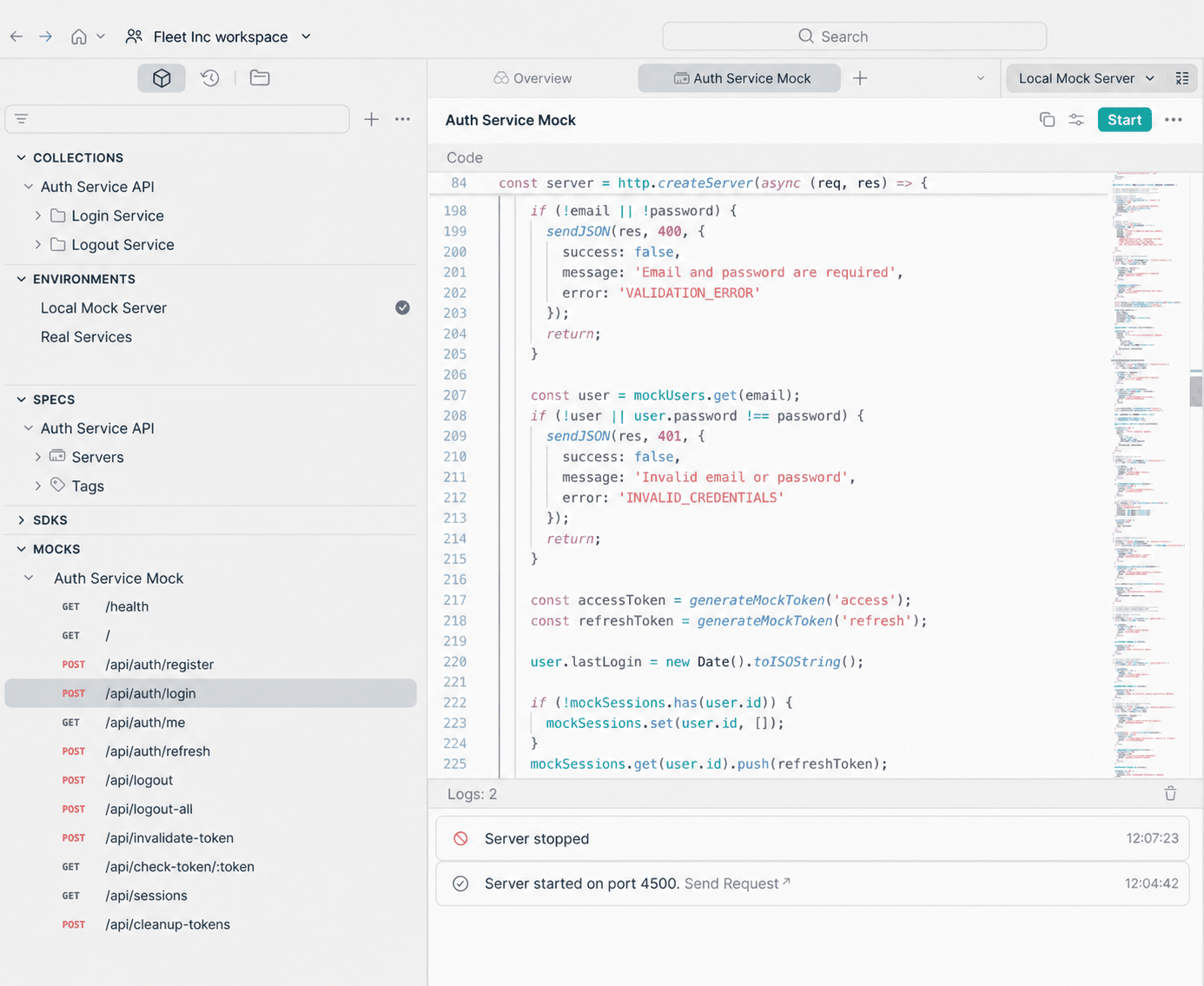 PostmanのAuth Service Mock。エンドポイントと、ログインリクエストを検証するJavaScriptが並んで表示され、モックサーバーが起動したことを示すログも表示されています。